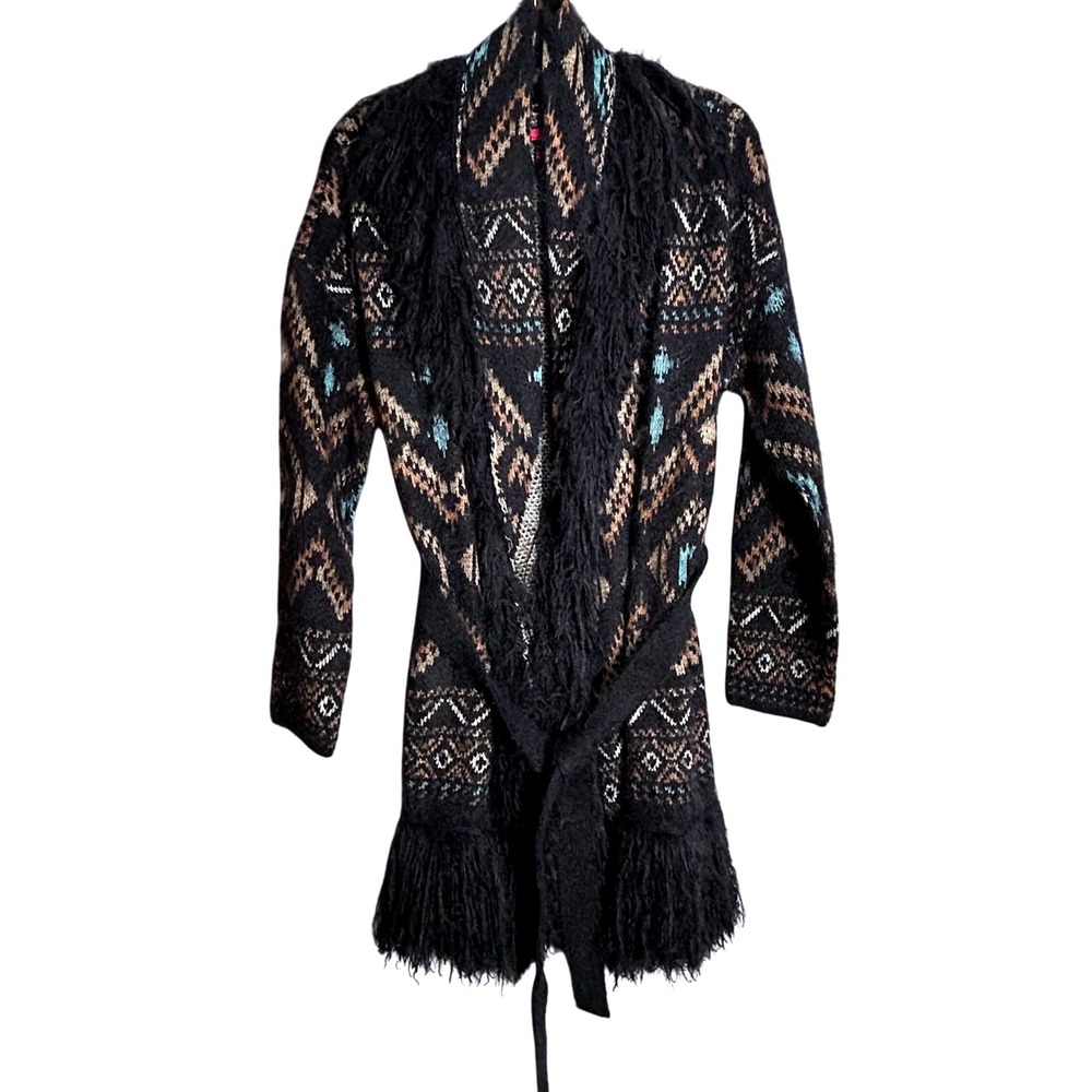 Rock & Roll Denim Womens Small Southwestern Fringe Belted Cardigan Sweater Black
